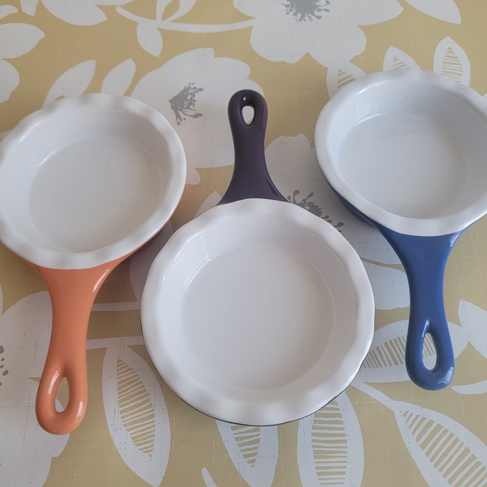 Modern Gourmet Foods Set of 3 Stoneware 5" Skillets Orange Purple Blue Tarte